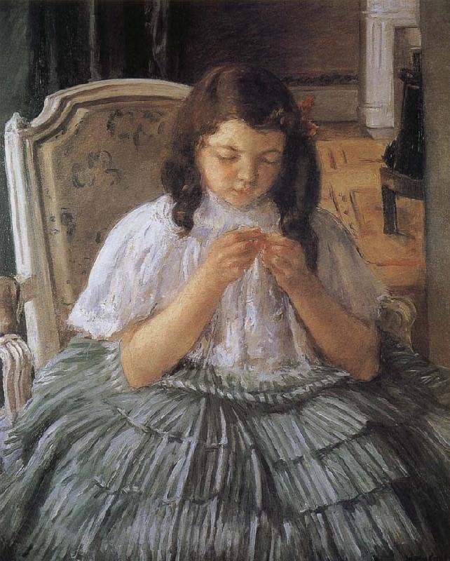 Mary Cassatt The girl is sewing in green dress